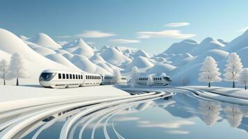 een futuristische trein langzaam beweegt door de enorm en sereen winter landschap, reflecterend de majestueus schoonheid van natuur in de koud, kristallijn lucht, ai generatief foto