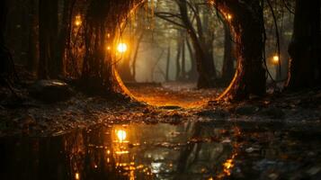 de warmte van de zon creëert een amberkleurig reflectie aan de overkant de vredig landschap van de Woud, onthullend de schoonheid en majesteit van natuur in de gevlekt licht van de bomen, ai generatief foto