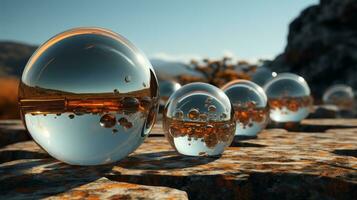 een oogverblindend Scherm van glas bollen gevulde met glinsterend reflecties van de lucht en rotsen, geschorst tussen de buitenshuis grond en de wild hemel, ai generatief foto