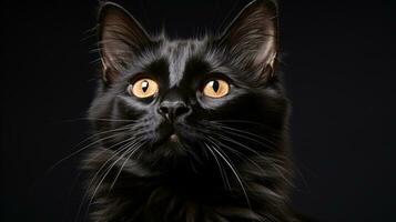 een zwart kat met vacht net zo donker net zo nacht staart in de afstand, haar bakkebaarden en helder ogen spiertrekkingen met verwachting en energie, ai generatief foto