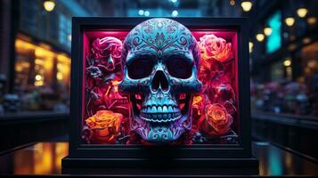een angstaanjagend mooi artwork van een schedel ingekapseld in een kader van rozen, oproepen tot een tijdloos herinnering van leven en dood, ai generatief foto