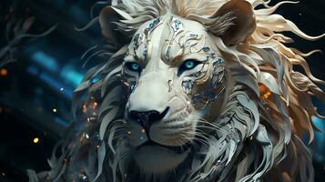 een majestueus wit leeuw met doordringend blauw ogen galoppeert door de savanne, belichamen de ongetemd geest van de dier koninkrijk, ai generatief foto