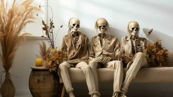 skeletten zittend Aan een bank, ai generatief foto