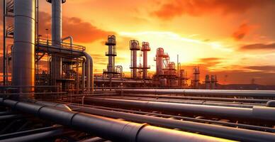 industrieel olie raffinaderij Oppervlakte, detail van staal olie pijpleiding apparatuur, olie en gas- opslagruimte - ai gegenereerd beeld foto