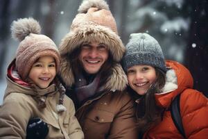 gelukkig familie Aan winter vakantie ai gegenereerd foto