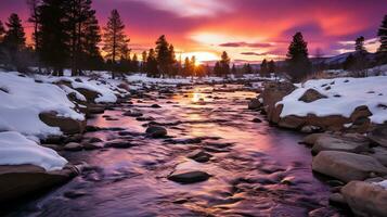 de zon sets over- een waterval in de midden- van een rivier- ai generatief foto