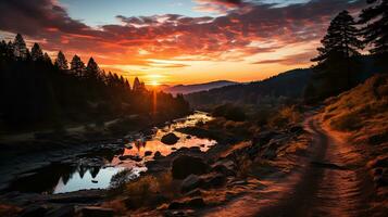 de zon sets over- een waterval in de midden- van een rivier- ai generatief foto