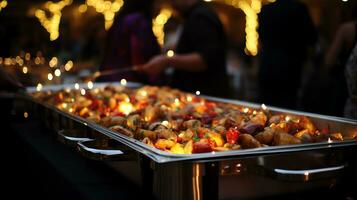 een Mens portie voedsel Aan een buffet tafel ai generatief foto