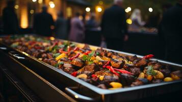 een Mens portie voedsel Aan een buffet tafel ai generatief foto