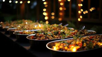 een Mens portie voedsel Aan een buffet tafel ai generatief foto