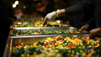 een Mens portie voedsel Aan een buffet tafel ai generatief foto