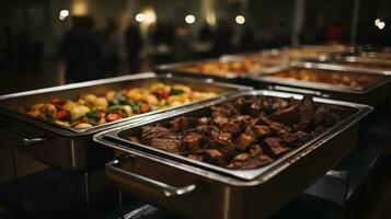 een Mens portie voedsel Aan een buffet tafel ai generatief foto