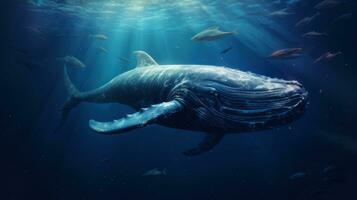 een gebochelde walvis zwemmen in de oceaan. generatief ai foto