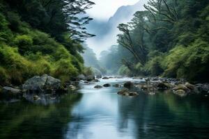 ongerept rivier- in onaangeroerd wildernis. generatief ai foto