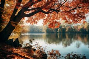 rustig meer met herfst bomen. generatief ai foto