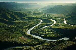 meanderend rivier- in vruchtbaar vallei. generatief ai foto