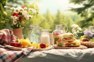 voorjaar picknick met een deken, boterhammen. generatief ai foto