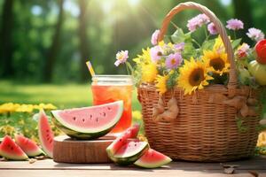zomer picknick met mand en verfrissend drankjes. generatief ai foto