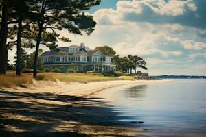 kalmte ochtend- Bij strand huis. generatief ai foto