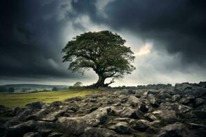 eenzaam boom tegen storm wolken. generatief ai foto