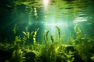 een onderwater- visie van aquatisch planten bloeiend in een Doorzichtig vijver. generatief ai foto