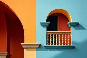 een gebouw met een balkon en balkons geschilderd in verschillend kleuren. generatief ai foto