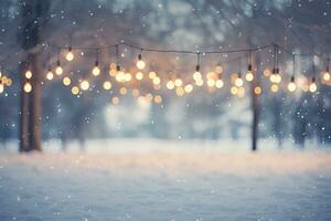 bokeh lichten met besneeuwd winter tafereel. generatief ai foto