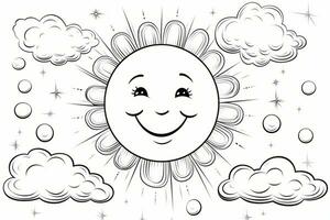 kinderen kleur bladzijde met een vrolijk zon en glimlachen wolken. generatief ai foto