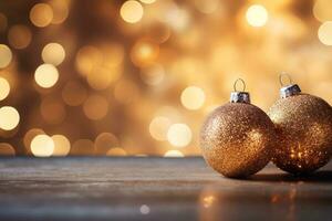 twee gouden Kerstmis ornamenten Aan een houten tafel. generatief ai foto