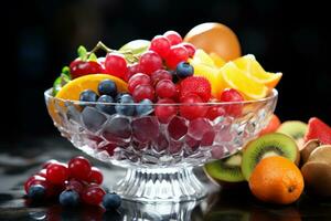 kleurrijk assortiment van vers fruit in een glas schaal. generatief ai foto