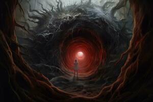 een Mens staand in voorkant van een rood licht in een donker grot. generatief ai foto
