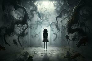 een vrouw staand in voorkant van een deuropening omringd door monsters. generatief ai foto