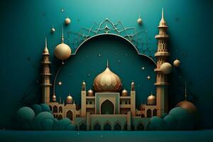 papier besnoeiing van een moskee in de midden- van de nacht. generatief ai foto