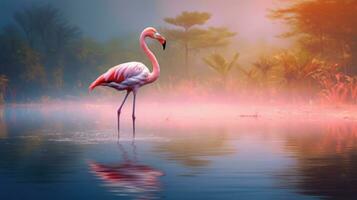 een roze flamingo staand in een lichaam van water. generatief ai foto