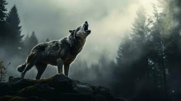 eenzaam wolf gehuil in een mist gedekt Woud. generatief ai foto