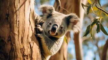 een koala is beklimming omhoog een boom. generatief ai foto