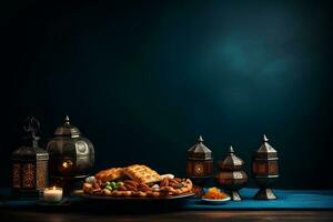 Ramadan iftar tafel met kopiëren ruimte. generatief ai foto