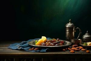 Ramadan iftar maaltijd met kopiëren ruimte. generatief ai foto
