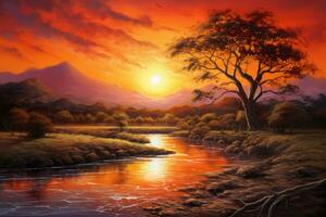 levendig zonsondergang schilderij de lucht in warm tinten. generatief ai foto