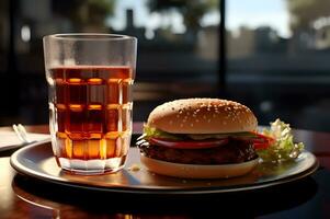 een hamburger Aan bord met cola drinken ai generatief foto
