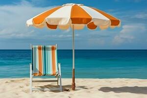 strand stoelen paraplu's en kokosnoot bomen ai generatief foto