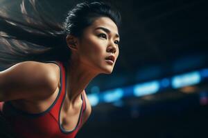 ai generatief vastbesloten Aziatisch vrouw atleet in actie Bij een sport- arena onder levendig stadion lichten foto