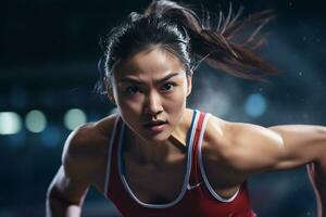 ai generatief vastbesloten Aziatisch vrouw atleet in actie Bij een sport- arena onder levendig stadion lichten foto