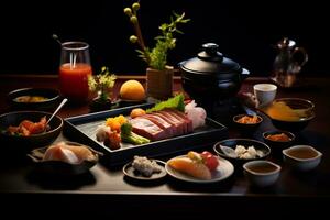 ai generatief traditioneel Japans kaiseki maaltijd met een prachtig geregeld assortiment van gerechten foto