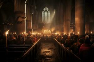 ai generatief betoverend beeld van een kerk middernacht Kerstmis onderhoud foto