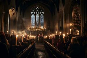 ai generatief betoverend beeld van een kerk middernacht Kerstmis onderhoud foto