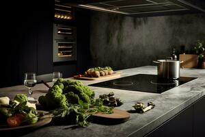 ai generatief beeld van modern keuken met groente Aan keuken tafel foto