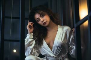 mooi Aziatisch meisje vervelend nacht jurk in knus slaapkamer ai generatief foto