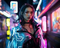 een foto van een meisje in een neon-verlicht cyberpunk kleding in een futuristische stadsgezicht Bij nacht ai generatief