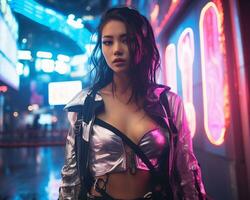 een foto van een meisje in een neon-verlicht cyberpunk kleding in een futuristische stadsgezicht Bij nacht ai generatief